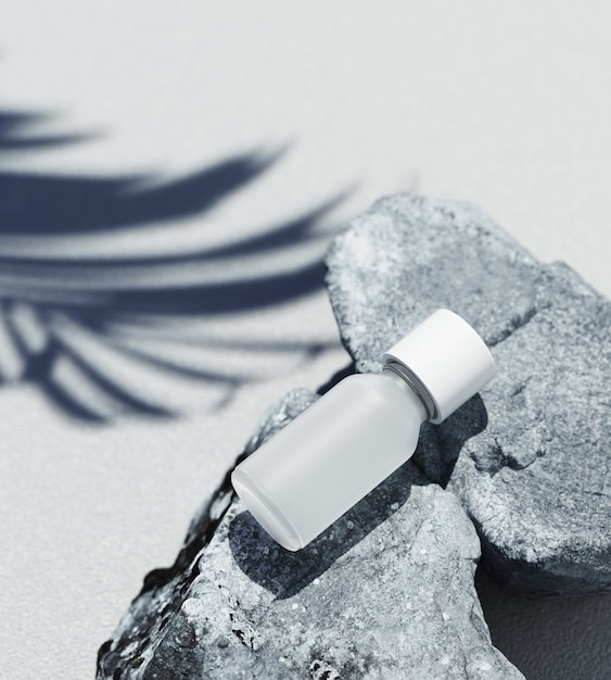 Modello di presentazione del prodotto cosmetico naturale. pietre grigie e vasetto cosmetico blanc ombra foglia di palma. bsfondo bianco. contenuto dell'illustrazione 3d