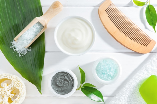 Natural cosmetics and accessories for body care, flat lay