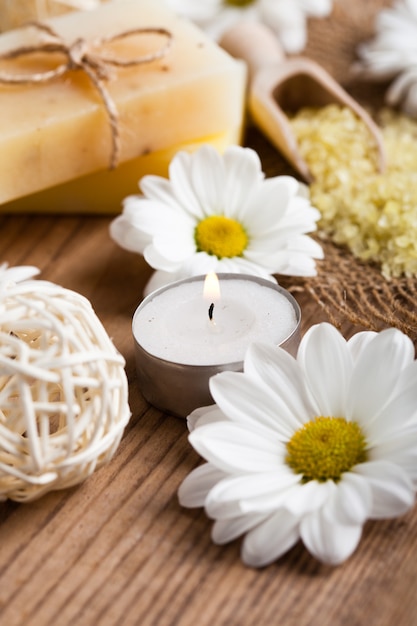 Natural cosmetics concept: soap with daisies