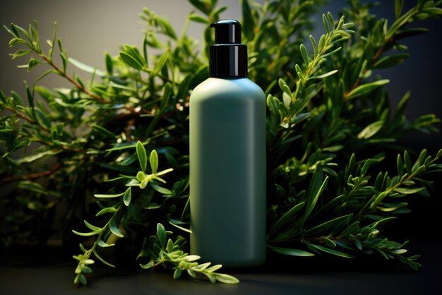 Естественная косметика в зеленой бутылке с зелеными листьями на лесистом фоне Концепция естественной органической косметической продукции