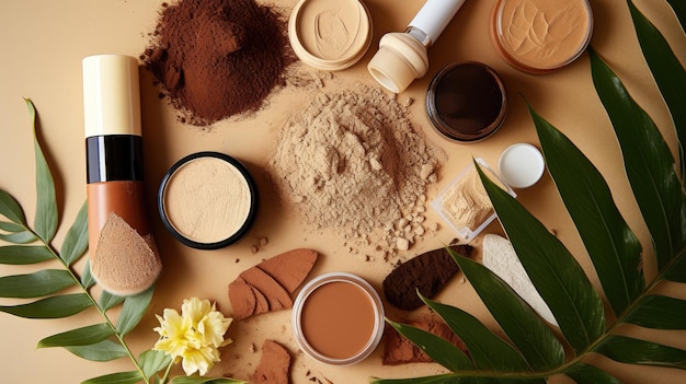 Natural cosmetics set on earth tones brown background top view