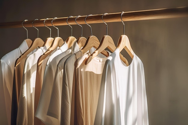 Natural cotton and linen clothes on wooden rail in sustainable shop