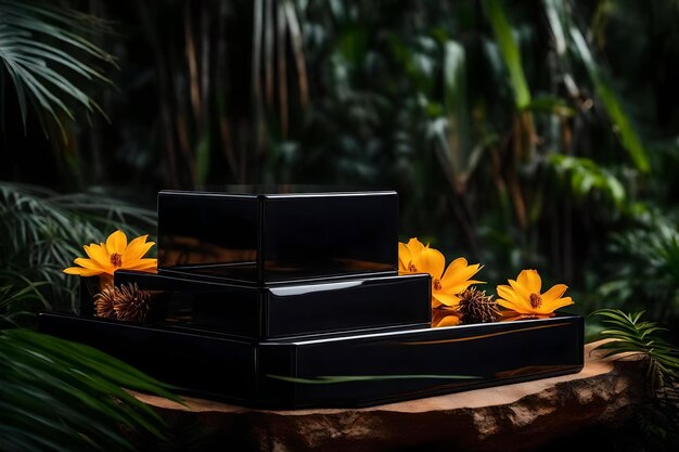 Natural cubic black plastic cosmetic podium background with amber in the tropical forest