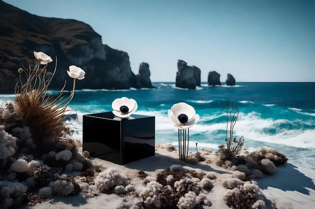 Natural cubic black plastic cosmetic podium scenery with dried anemone flower by the wavy ocean