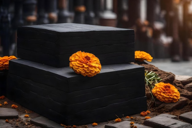 Natural cubic black wood rock podium background with dried marigold flower in the street