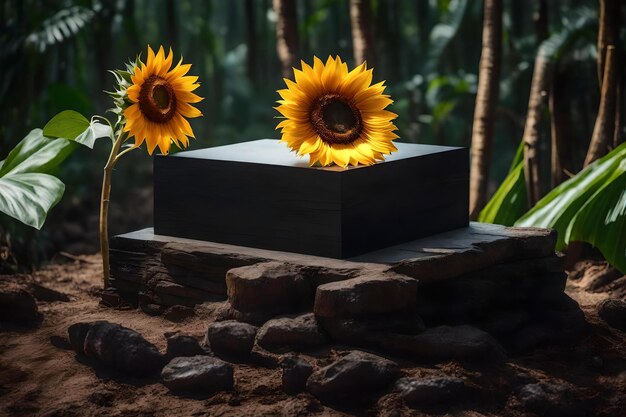 Натуральная кубическая композиция из черного дерева с подсолнечником в тропическом лесу