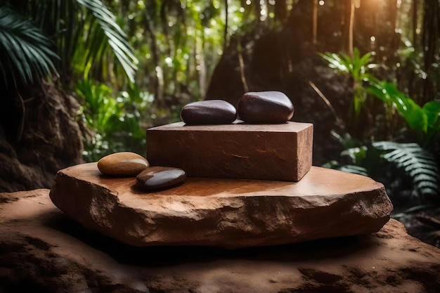 Natural cubic brown stone cosmetic podium background with rock in the tropical forest