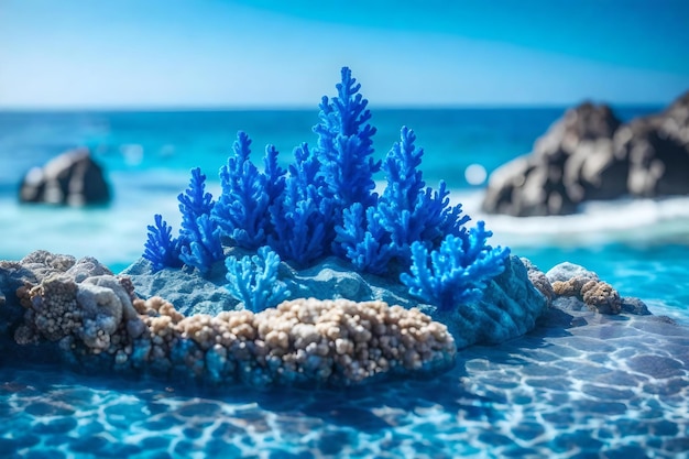 海辺の青いサンゴと自然の立方体の虹色の岩のポディウム構成