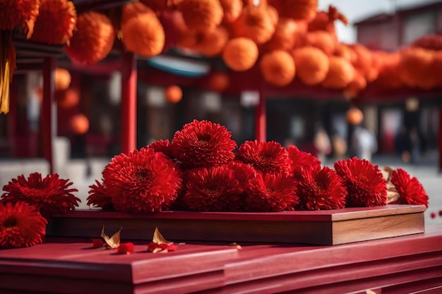 Natural cubic red wooden podium composition with dried chrysanthemum in the street