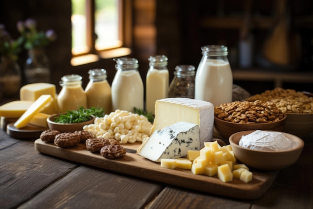 Естественные молочные продукты ассортимента фермеров на деревянном столе концепция генеративной ИА