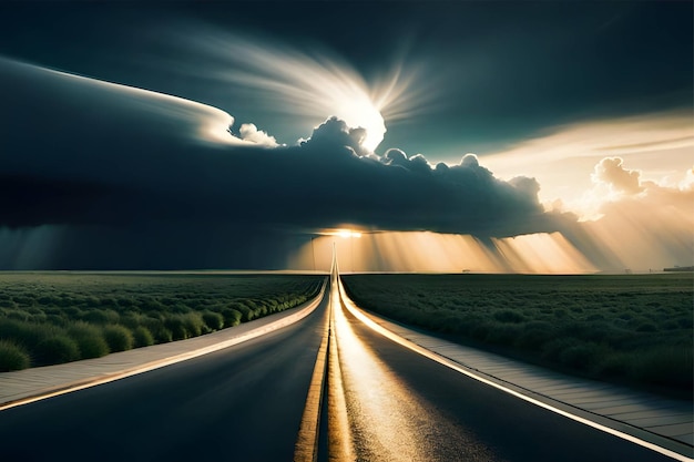 A natural dark monsoon sky with dark clouds and neon lighting effects and a high way roads