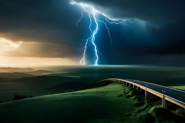 A natural dark monsoon sky with dark clouds and neon lighting effects and a high way roads