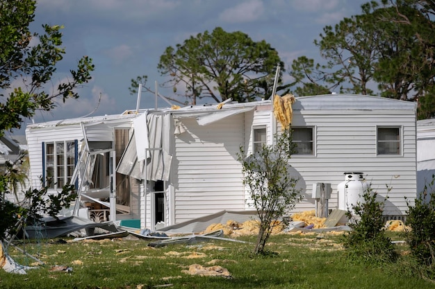 Natural disaster consequences Severely damaged by hurricane mobile homes in Florida residential area