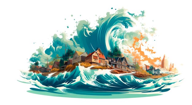 Photo natural disaster tsunami overtaking houses