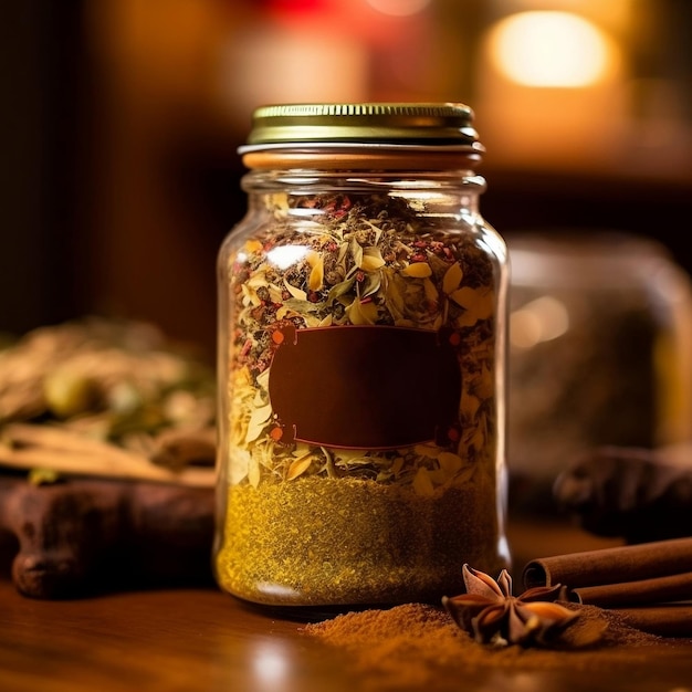 Natural dried herbs and spices in a glass jar on a wooden table Still life AI generated