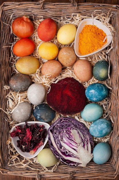 Foto colorante naturale per le uova di pasqua: cavolo rosso, barbabietola, carcassa, curcuma e buccia di cipolla in un cestino