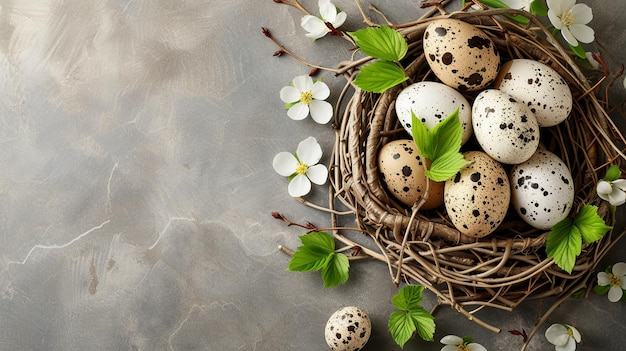 Natural Easter Setting with Speckled Eggs and White Blossoms on a Nest