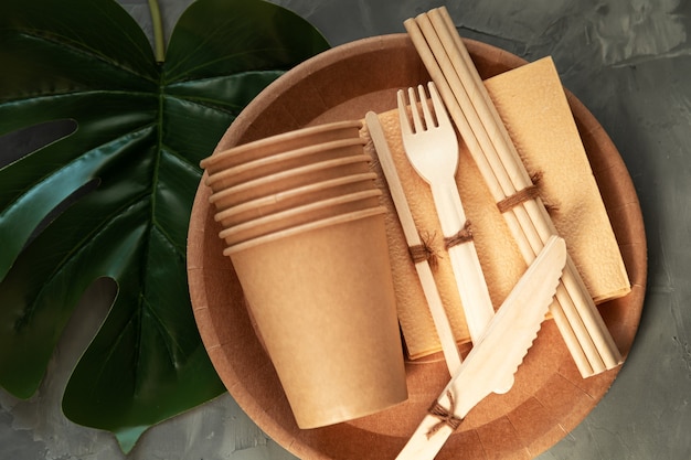 Натуральная экологически чистая посуда из бамбука и бумаги. Концепция утилизации, сохранения природы и сохранения земли.