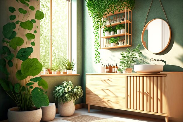 Natural eco friendly bathroom with wooden furniture large light window and plant covering wall