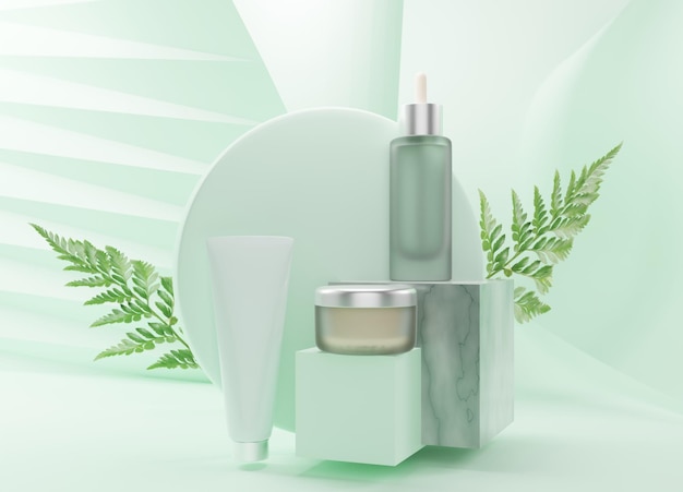 Natural eco green cosmetics with realistic branches of greenery mockup d illustration