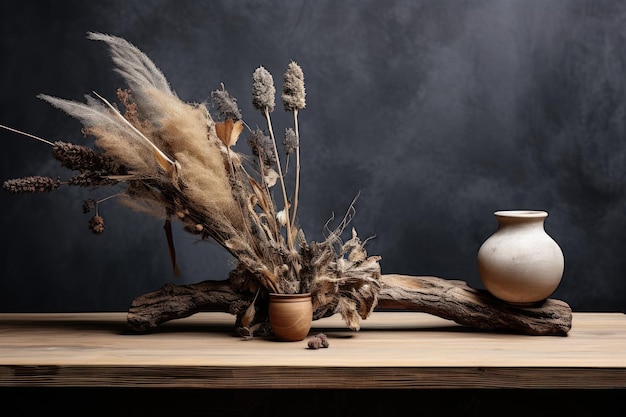 Natural Elegance The Rustic Wood Tabletop Display with Dried Flora Accent