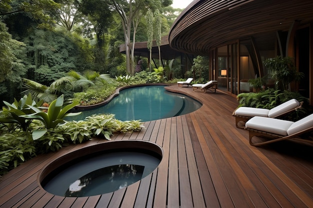 Natural Elegance Wooden Deck and Pool Generative By Ai