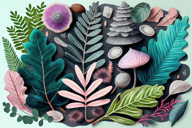 Natural elements collage with pastel mushrooms ferns and wood Generative Ai