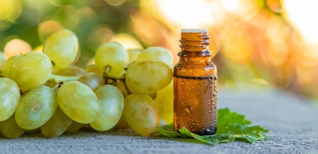 Natural essential oil from grape seeds. selective focus