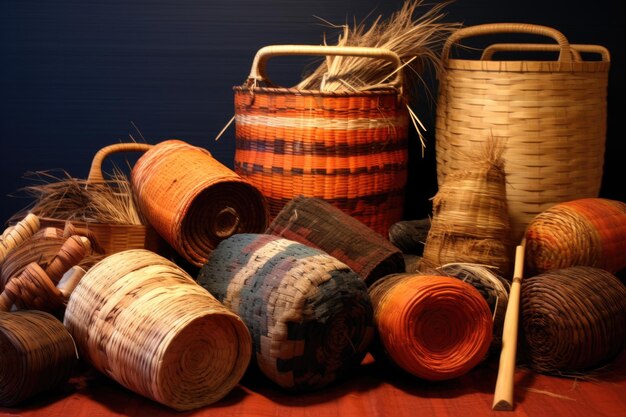 Natural fibers and dyes used in basket weaving created with generative ai