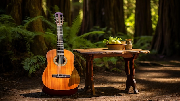 Natural finish classical guitar and a hand drum on a robust redwood picnic table