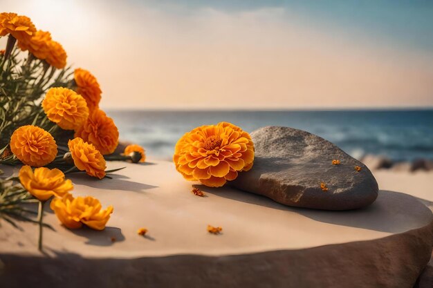 Natural flat rock cosmetic podium composition with dried marigold flower by the sea