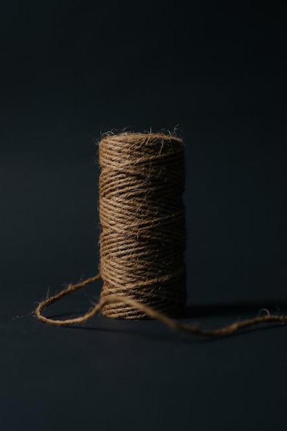 natural flax rope twine on black background