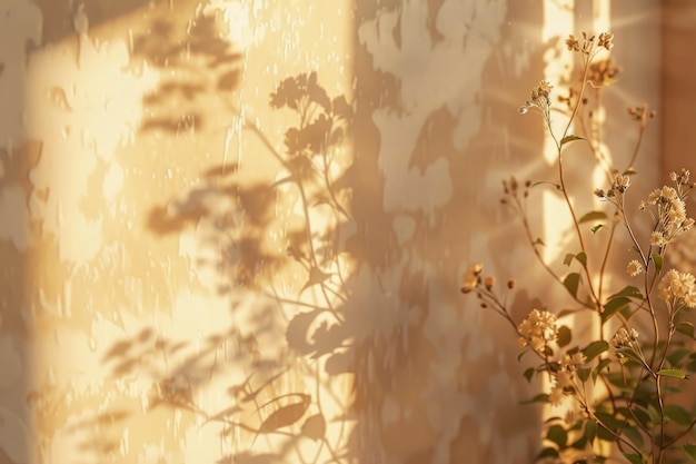 해가 뜨면 집의 밝은 갈색과 크림색 벽에 자연적인 꽃 그림자가 흐릿해집니다.