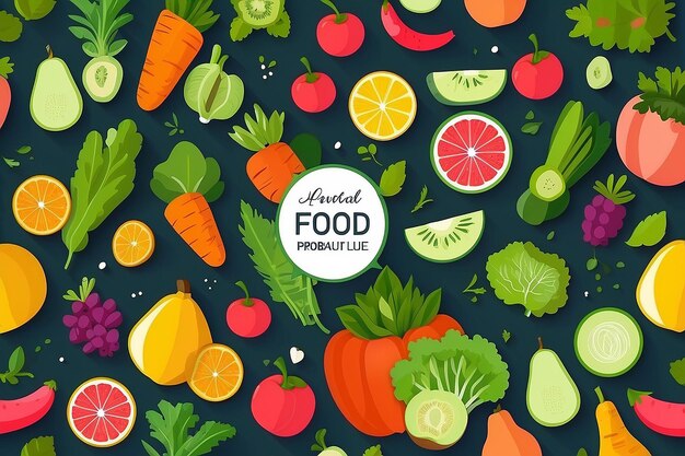 Photo natural food banner in flat style fruits and vegetables in simple geometric shapesgreat for flyer