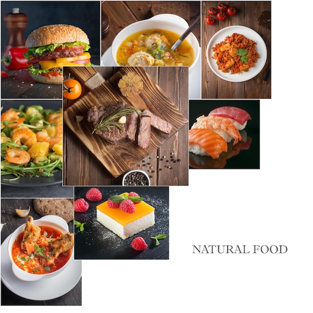 Foto cibo naturale collage fotografico carne e dessert menu del ristorante