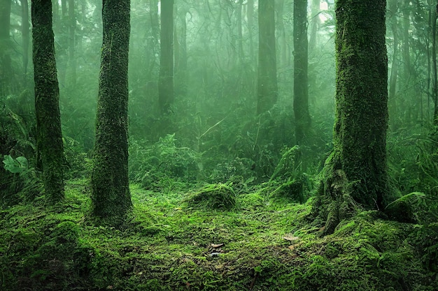 日中の霧が神秘的な雰囲気を醸し出す自然林