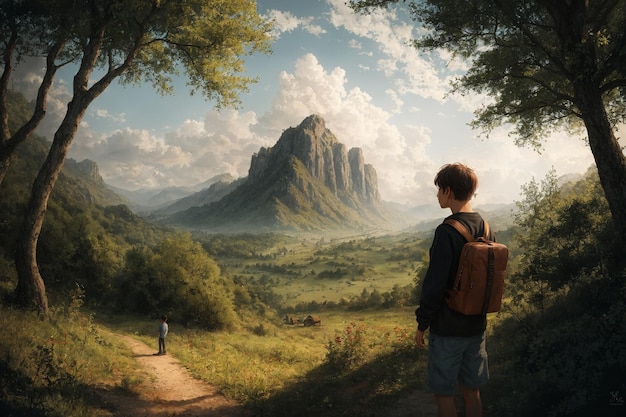 デジタル絵画のスタイルで自然の森と山の風景