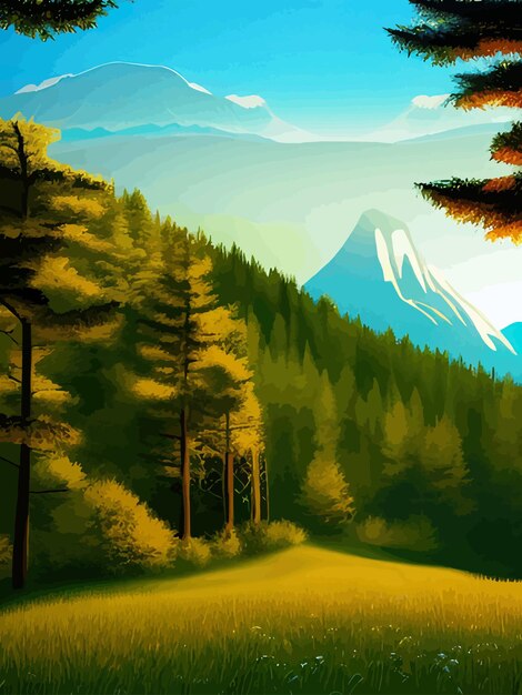 Natural forest natural pine forest mountains horizon landscape wallpaper Sunrise and sunset Illustration vector