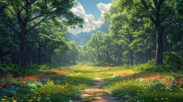 Природный лесный парк Фиктивный фон Реалистическая иллюстрация Видеоигра цифровое графическое искусство Природные пейзажи Концептуальное искусство Реалистичная иллюстрация