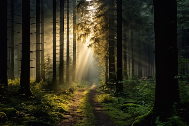 Natural Forest of Spruce Trees Sunbeams through Fog create mystic Atmosphere