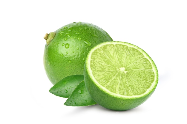 Photo natural  fresh lime with cut in half and water droplets  isolated on white background.