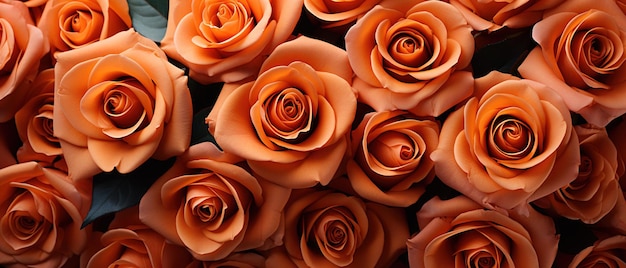 Natural fresh orange rose pattern Top view image of orange roses Wide angle photo of fresh roses