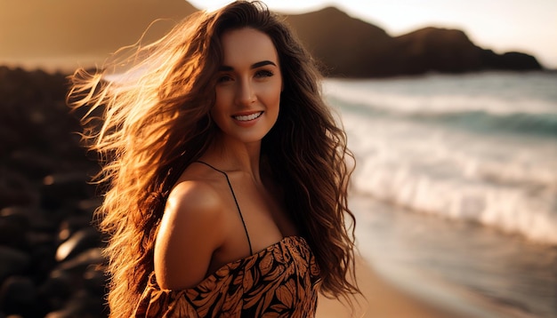 ハワイの水の近くに立っている笑顔と喜びに満ちた長いウェーブのかかった濡れた髪の自然な全身モデル 生成 AI ポートレート写真 プロの写真 ゴールデンアワーの写真