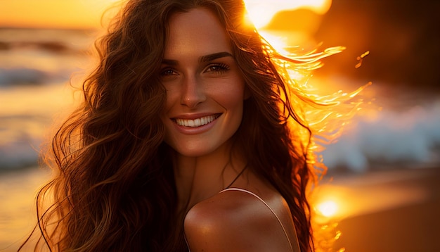 Natural fullbody model with long wavy wet hair smiling and joyful standing near the water in Hawaii Generative AI portrait photography professional photography golden hour photography