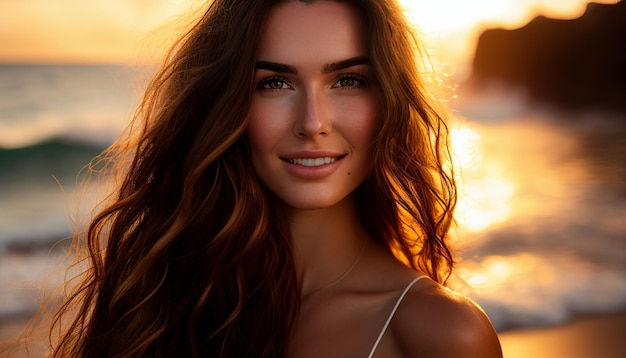 Natural fullbody model with long wavy wet hair smiling and joyful standing near the water in Hawaii Generative AI portrait photography professional photography golden hour photography