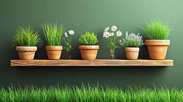 Natural garden banner with spring plants on green backgroud Flower pots on wooden shelf