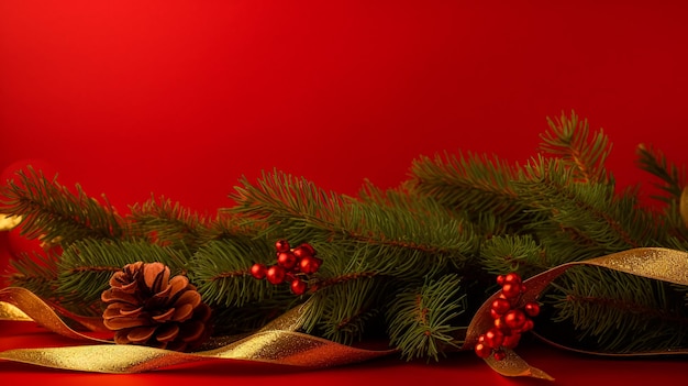 Natural garland with pine cones berries and gold ribbon on red background