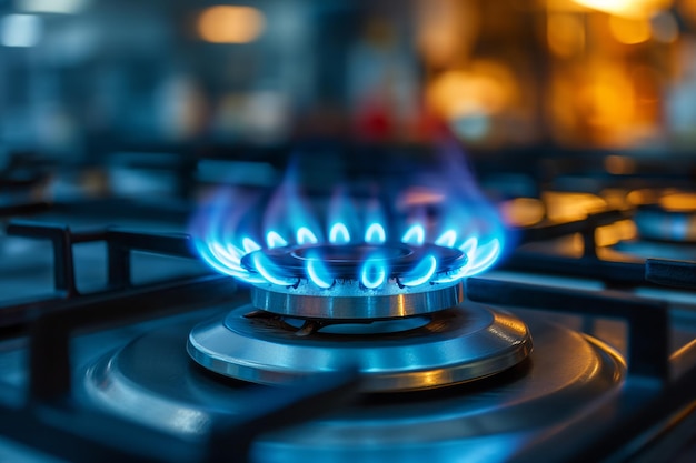 Natural gas burning on kitchen gas stove Panel from steel with a gas ring burner close up