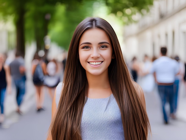 Natural girl teenager with a smile and long dark brown straight hair City background Generative AI