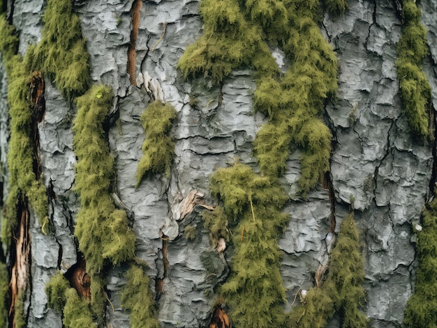 Corteccia di albero vecchio grigio naturale con muschio verde e muschio di licheni sulla consistenza della corteccia sullo sfondo illustrazione generativa di ai